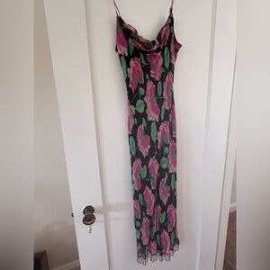 Vintage floral Betsy Johnson Dress beaded fringe trim
